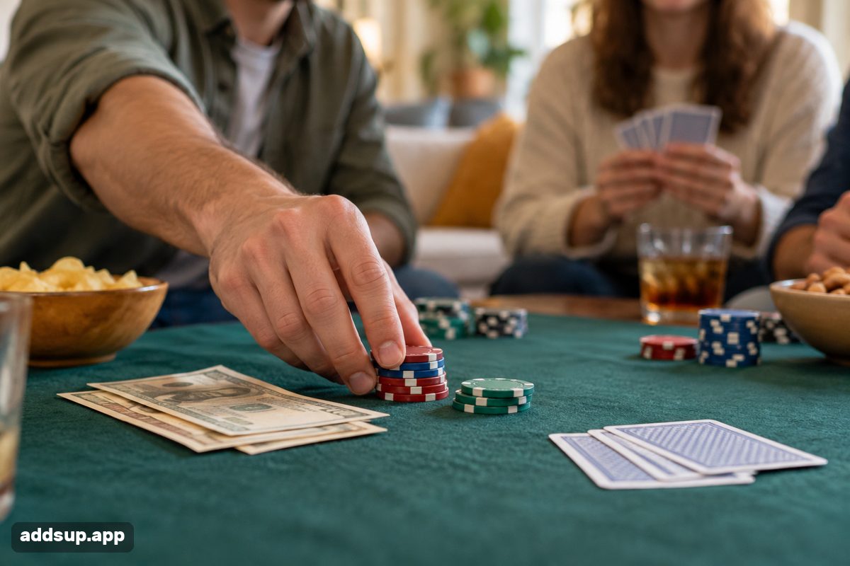 الباي إن في البوكر المنزلي: يد تضع كومة صغيرة من الرقائق بجانب بضع أوراق نقدية على الجوخ في بداية الليلة، والأوراق مقلوبة بجانبها