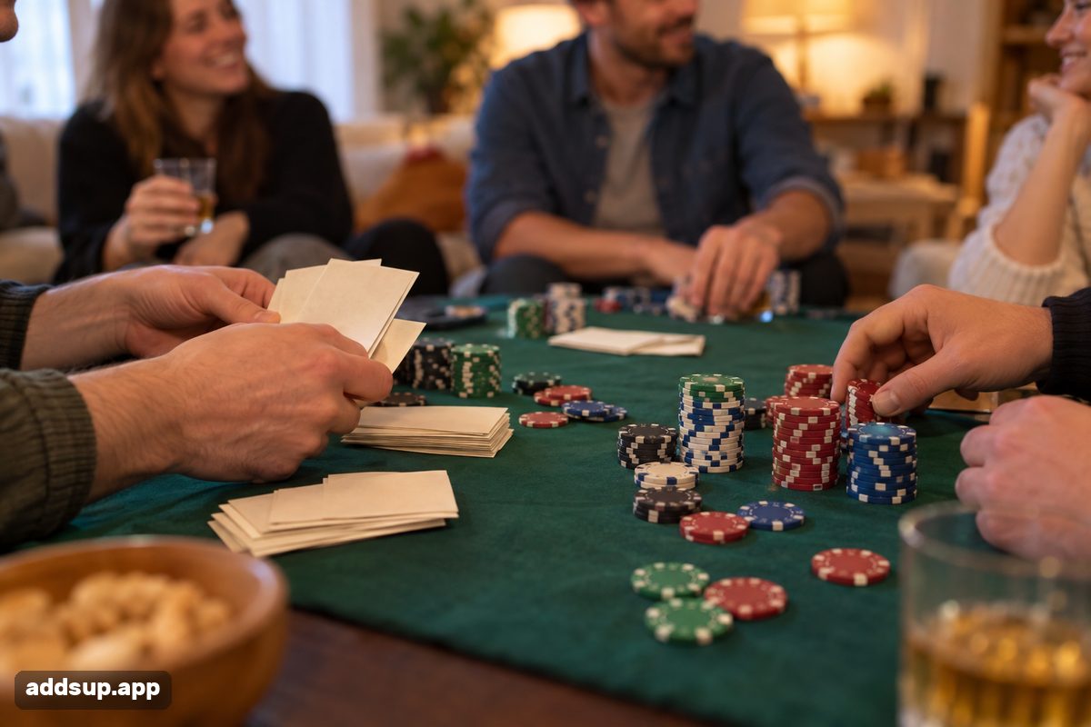 Pokeri-ilta kotona illan lopussa: pelimerkkipinoja ja muutama taitettu seteli vihreällä huovalla, ystävät olohuoneen pöydän ympärillä laskevat pottia